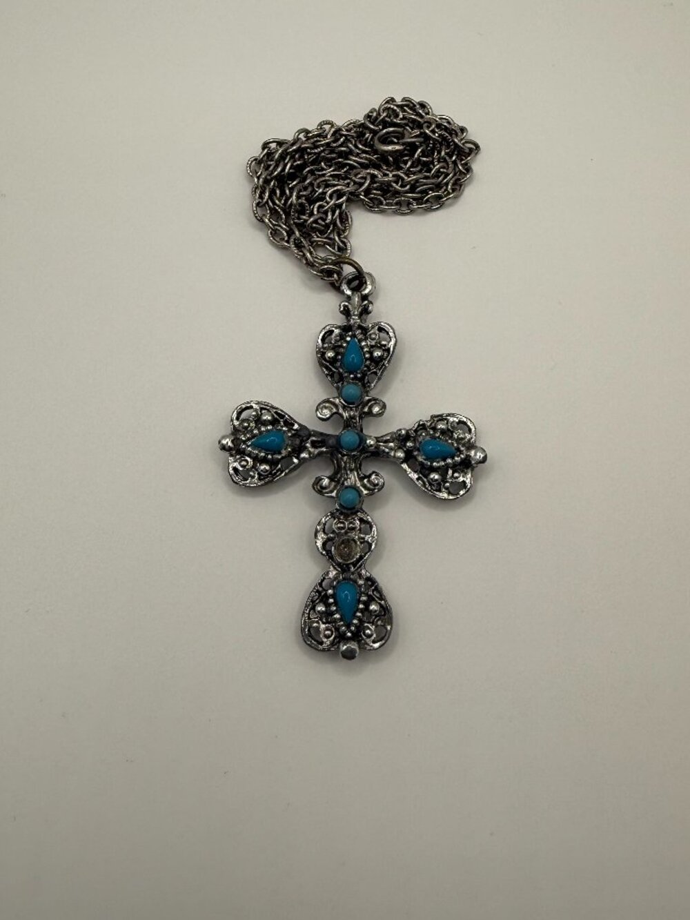 Boho Silver Tone Turquoise Cross Pendant Necklace